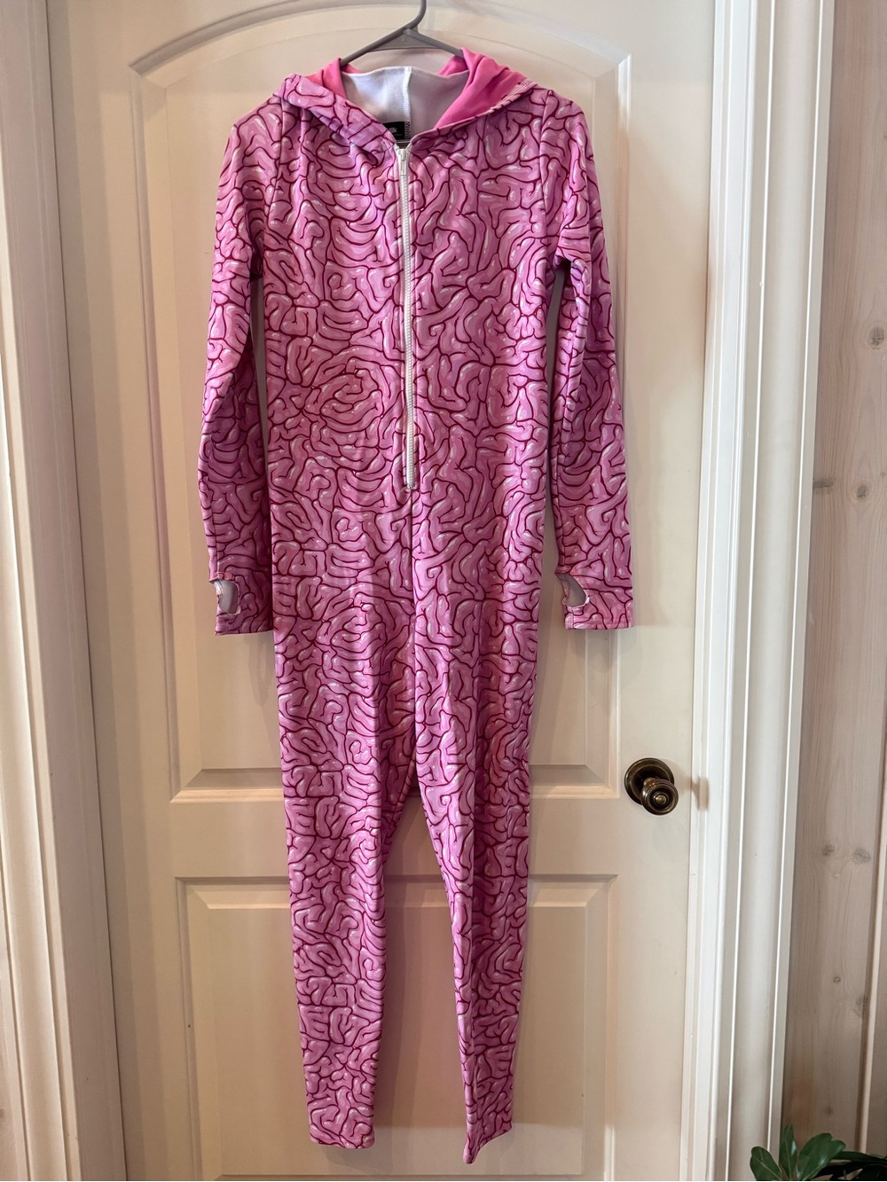 Black milk Snuggle Suit with Vivid Pink Brain-Print and attached Hoodie